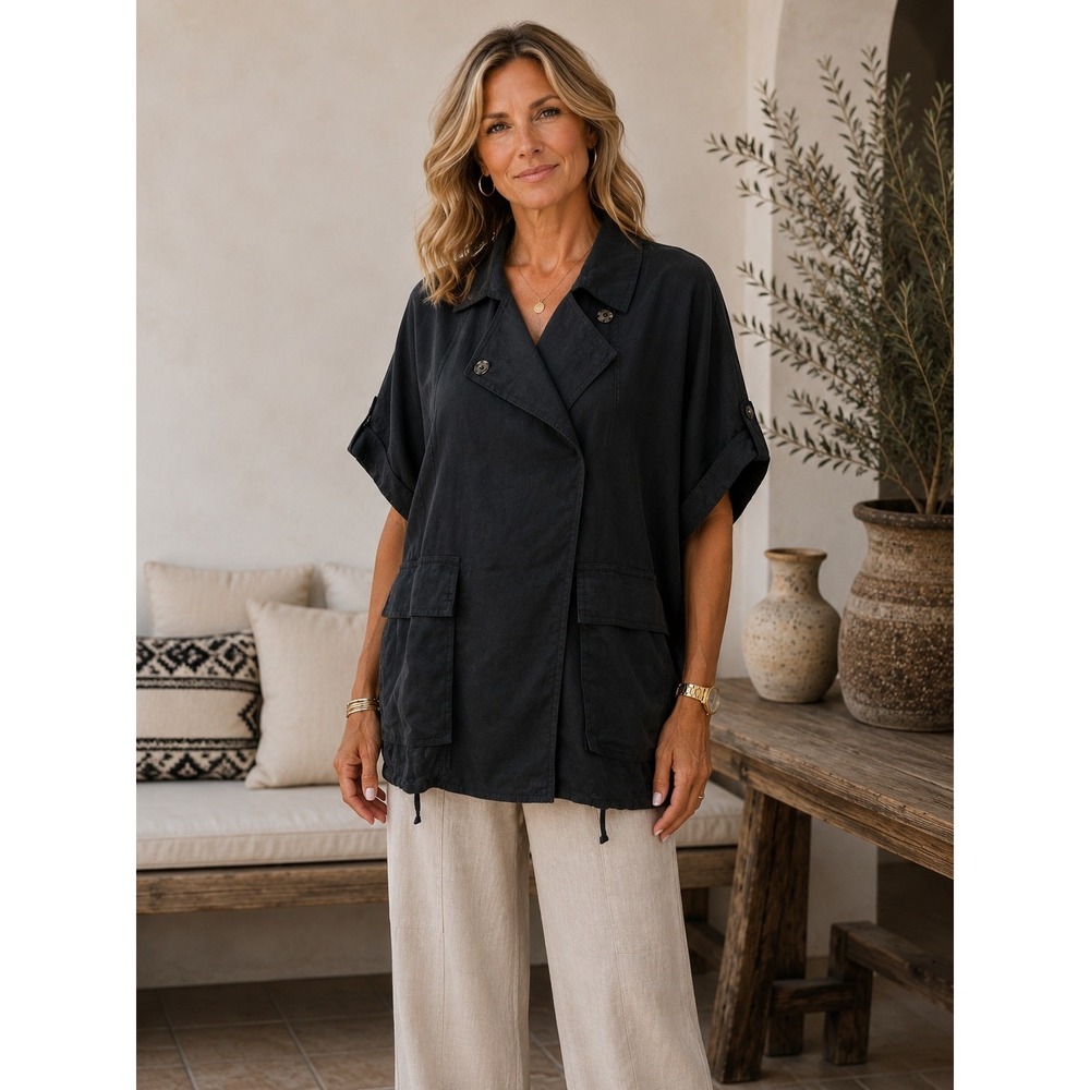 Eileen Fisher Black Organic Linen Jacket Size XS Short Sleeve Lagenlook Neutral